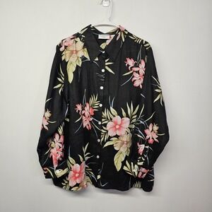 Parisian Works Womens 2X Black Floral Button Up Blouse Top 100% Linen Tropical